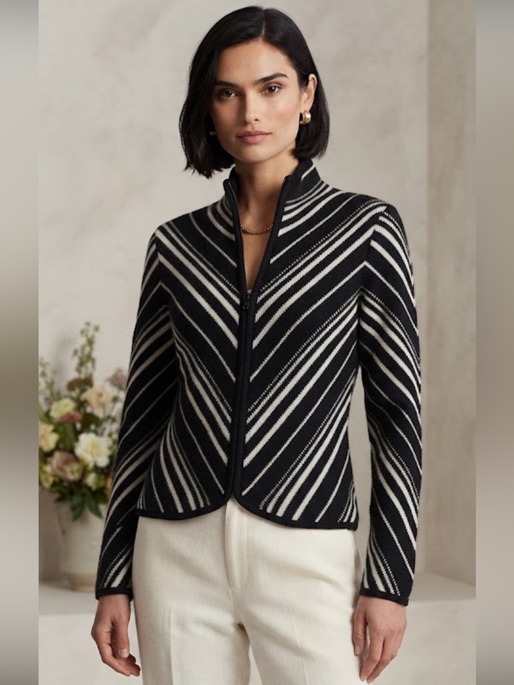 Vtg. Talbots Double Faced Striped 100% Wool Zipper Cardigan Black n White